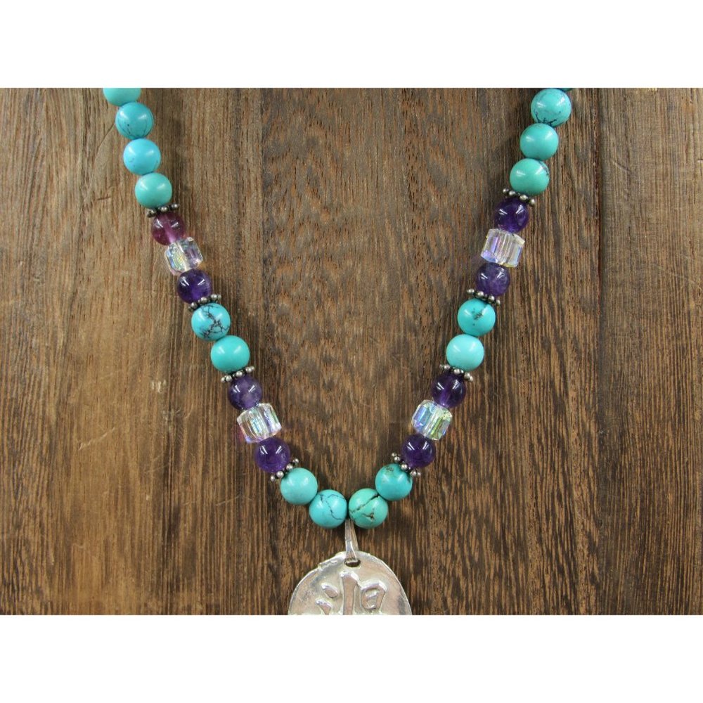 16" Sterling Silver Stone And Amethyst Asian Characters Pendant Necklace - Picture 2 of 7